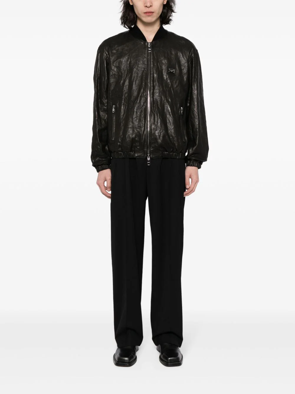 Crinkled Leather Bomber Jacket - Image 2
