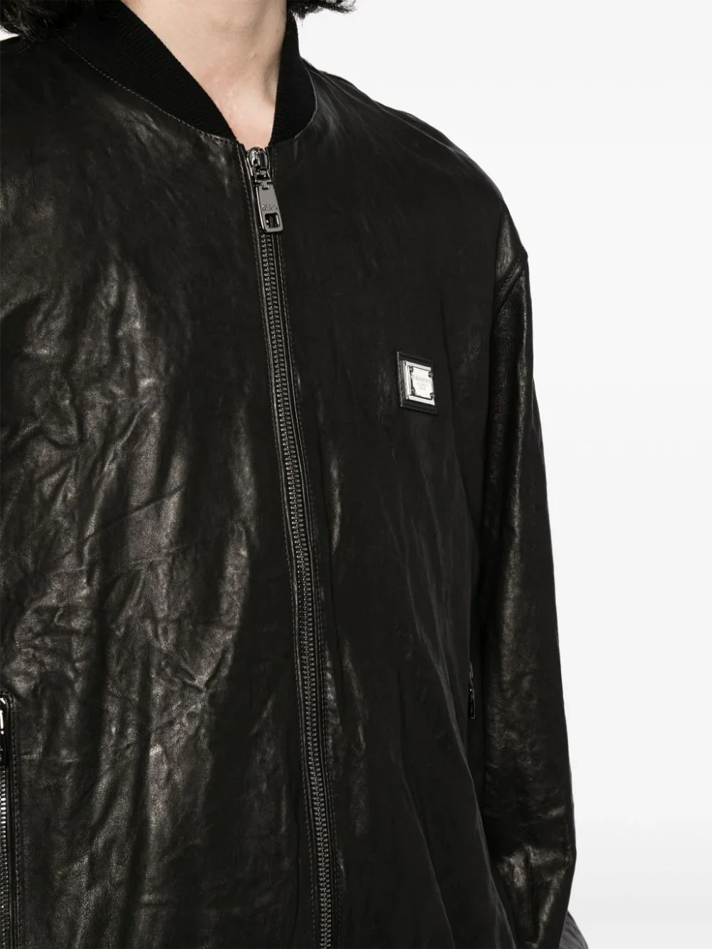 Crinkled Leather Bomber Jacket - Image 4
