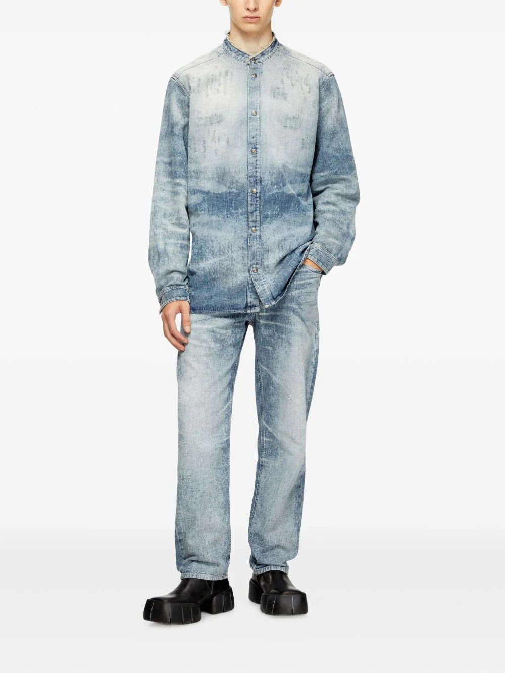 Mandarin-Collar Denim Shirt - Image 2